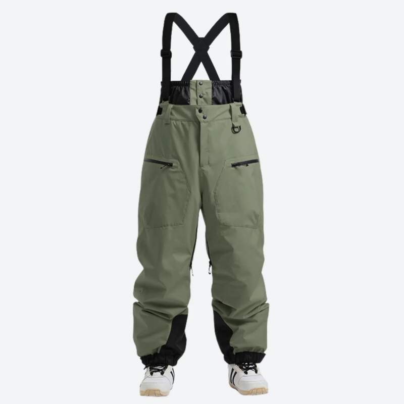 Insulated bib snow pants for men - sage green bib pants, front view with cross-back suspenders, for deep powder winter days