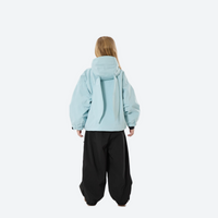 
                  
                    Youth 3-layer ski suit with bib pants - ice blue jacket with black pants, kids on-model back view, for family resort ski days
                  
                