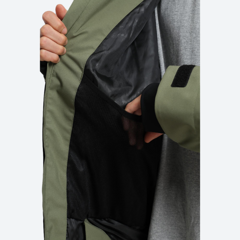Men's 2-layer snowboard jacket and pants set - olive green, interior lining close-up with hand, for skiing and snowboarding