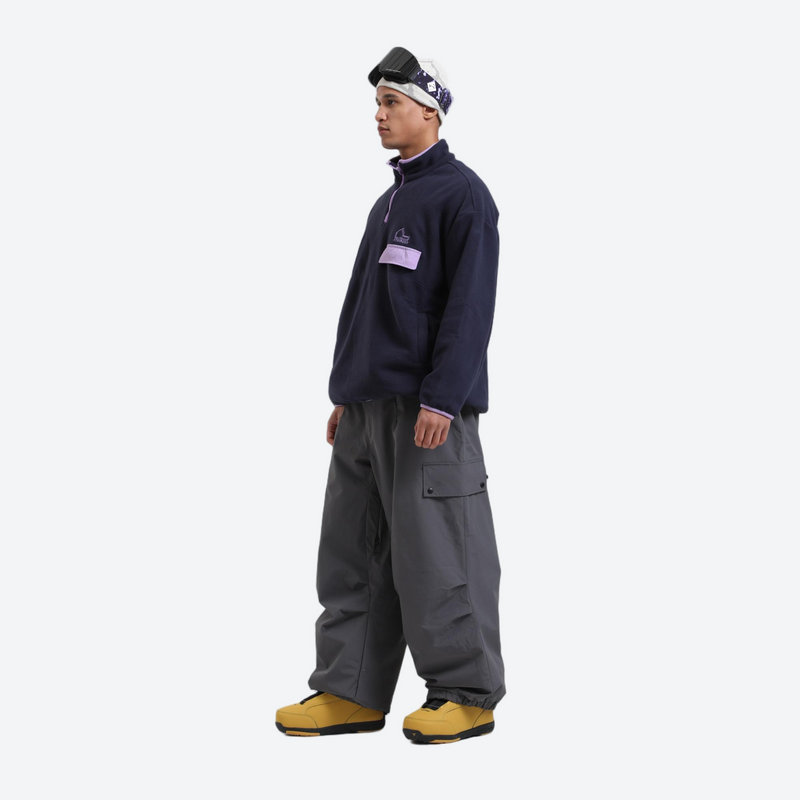 Unisex breathable wide-leg ski pants - gray snow pants, on-model three-quarter front view, for skiing and snowboarding