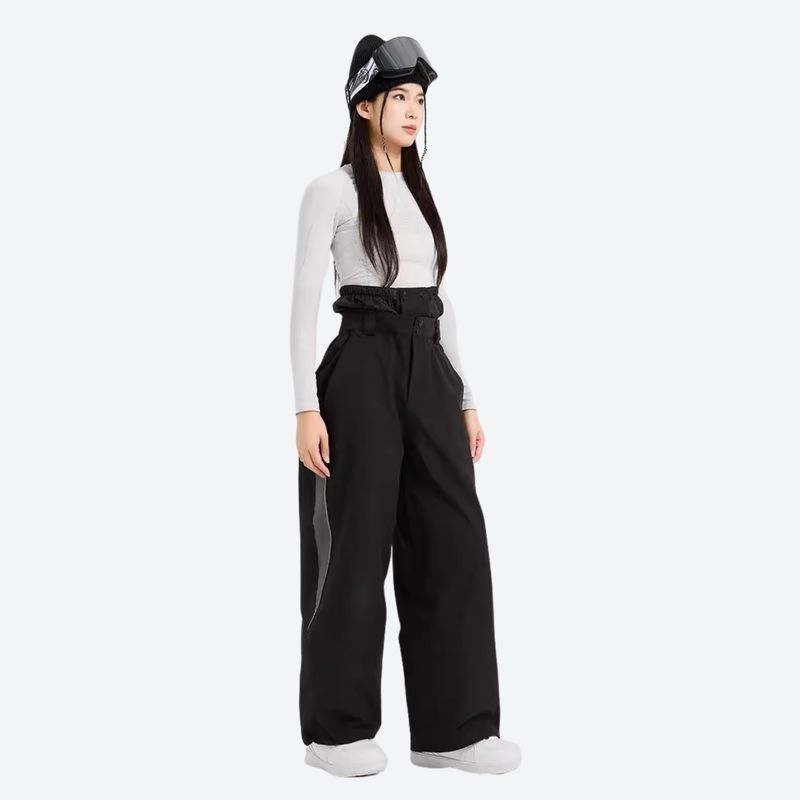 Women's colorblock waterproof snow jacket and pants - black wide-leg snow pants with white top, for skiing and snowboarding