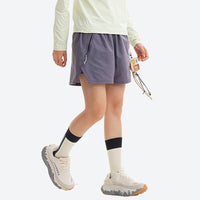 
                  
                    Breathable lightweight trail shorts for running - purple gray running shorts with cream top, for running and trail running
                  
                