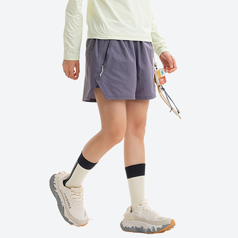 Breathable lightweight trail shorts for running - purple gray running shorts with cream top, for running and trail running