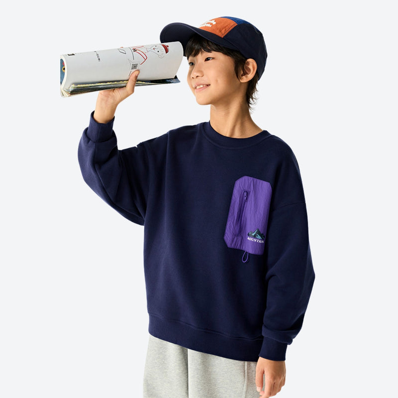 Kids' cozy fleece pullover with contrast pocket - navy kids fleece sweatshirt with purple pocket and cap