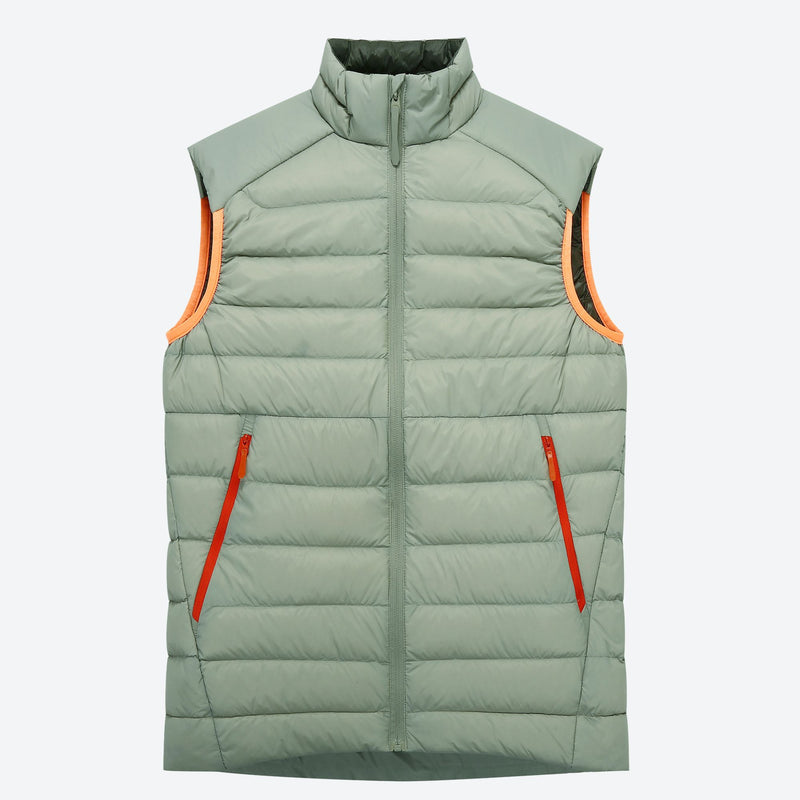 Packable insulated down vest with hooded jacket options - sage green down vest with orange zip, for hiking and trail walking