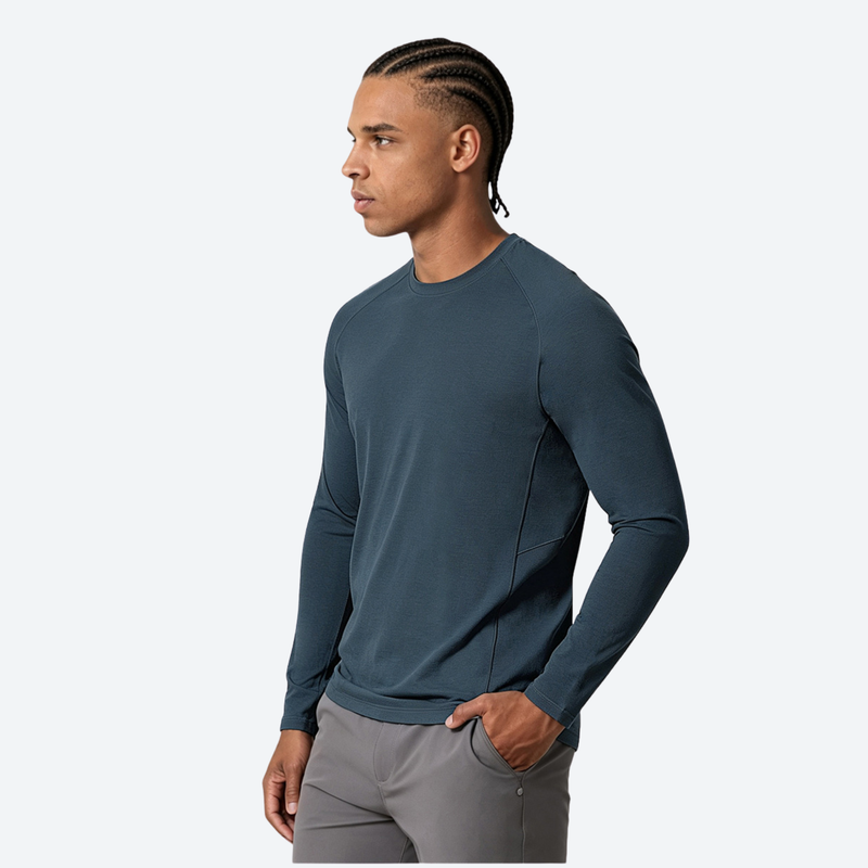 Men's breathable merino blend long-sleeve baselayer - navy merino wool quick-dry base layer top on men, back standing view