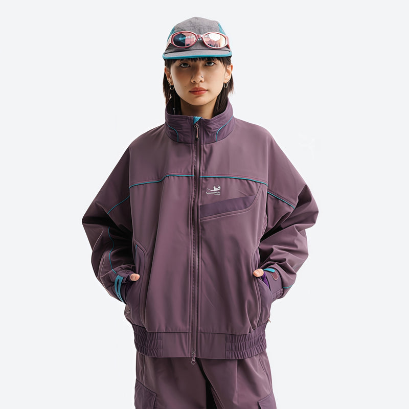 Breathable water-repellent camo softshell set - purple softshell jacket, on-model front view, for skiing and snowboarding