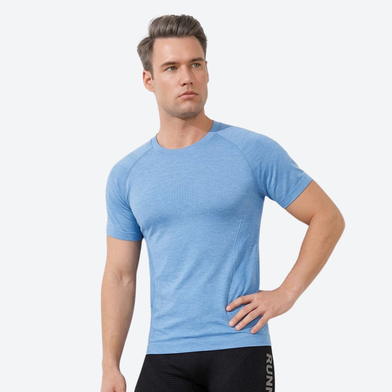 Breathable merino wool base layer top for outdoor - blue merino wool baselayer tee on men, for skiing and snowboarding