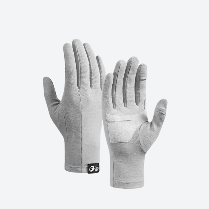 Merino wool thermal gloves for cold weather - gray merino wool thermal gloves, pair front view, for hiking and trail walking