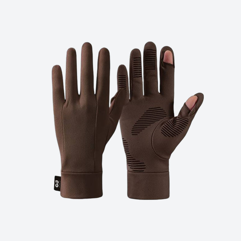 Antibacterial thin gloves for winter sports - brown antibacterial glove liner, pair front view, for hiking and trail walking