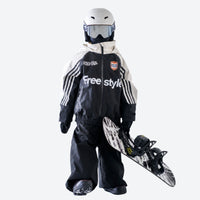 
                  
                    Kids breathable retro print ski set - black white colorblock kids jacket with black pants, for kids skiing and snowboarding
                  
                