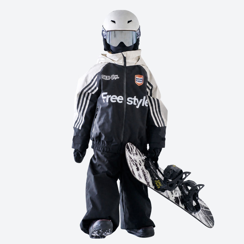 Kids breathable retro print ski set - black white colorblock kids jacket with black pants, for kids skiing and snowboarding