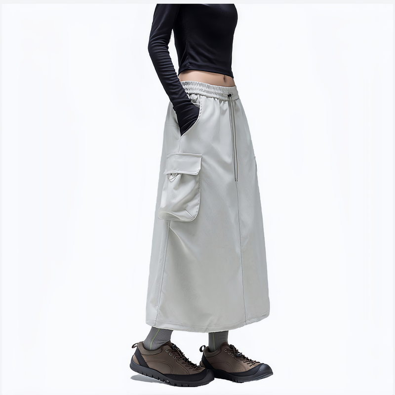 Water-repellent cargo long skirt PFOS PFOA free - light gray cargo long skirt on women, for daily commute and office