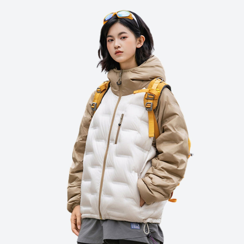 Waterproof duck down jacket with color-block shell - cream khaki color-block duck down jacket on women with sunglasses on hea