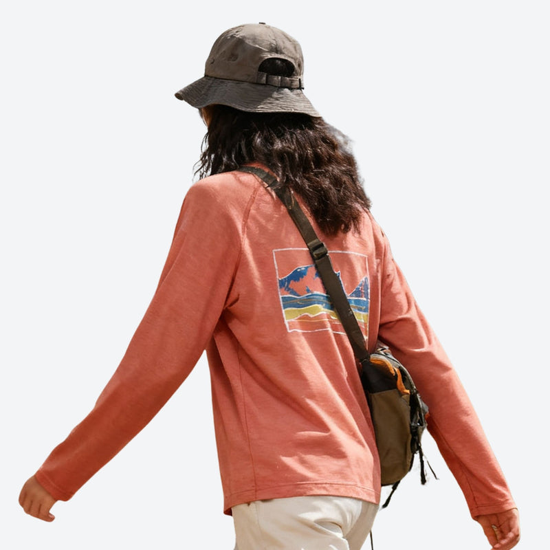 Women's soft merino wool baselayer with mountain print - coral merino wool baselayer long-sleeve on women