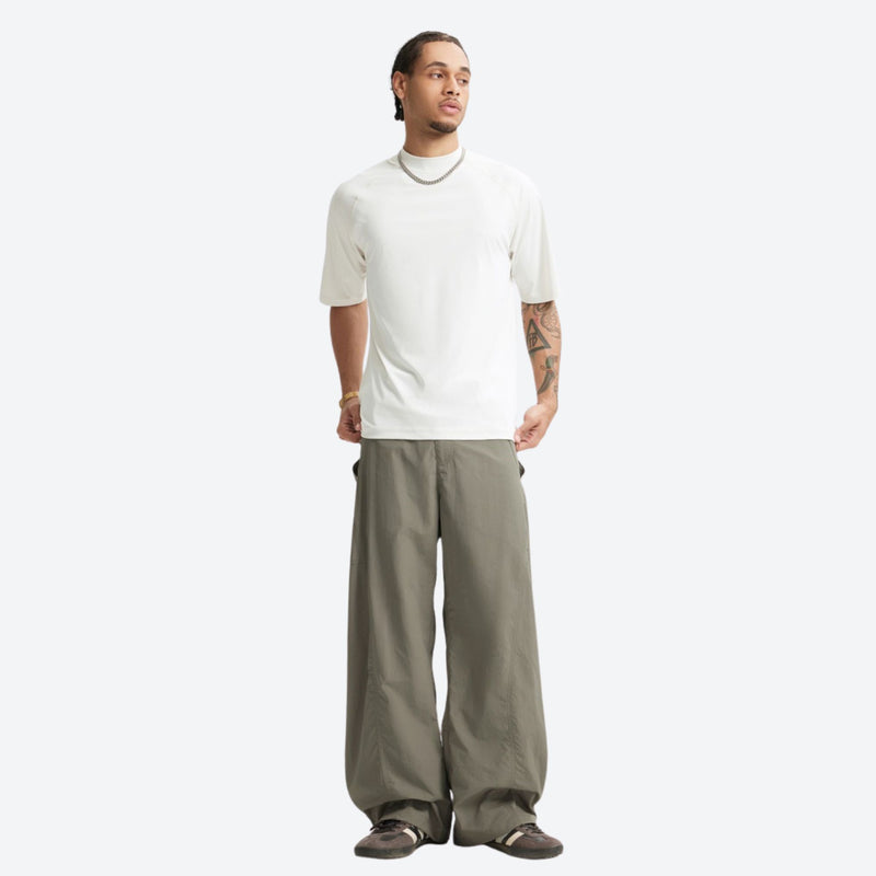 Breathable ripstop trail pants and shorts collection - gray wide-leg pants with white tee, for hiking and trail walking