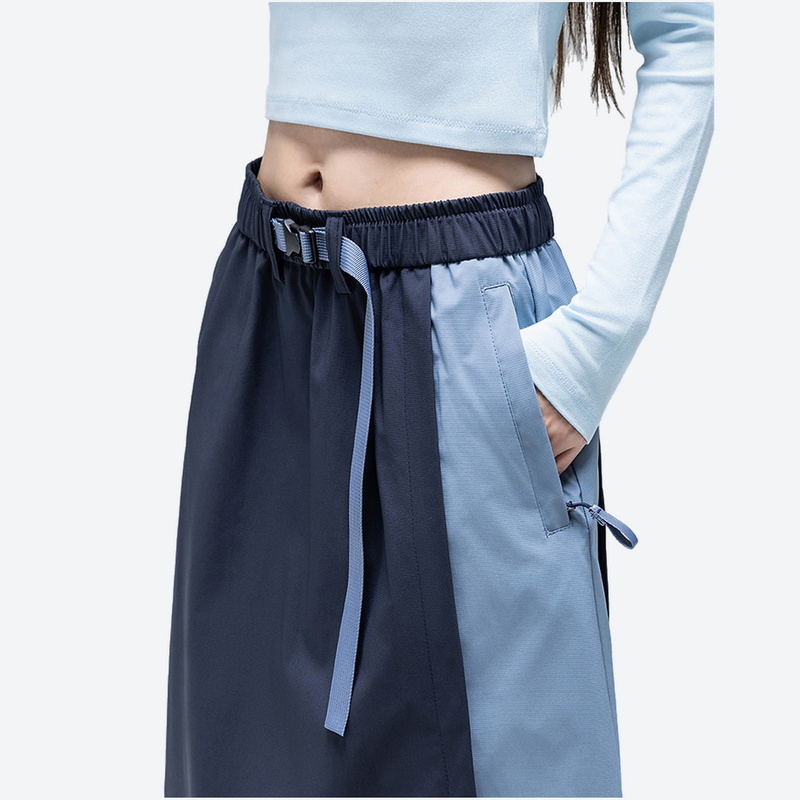 Color-block outdoor long skirt with drawstring waist - navy light blue color-block long skirt on women, waist close-up