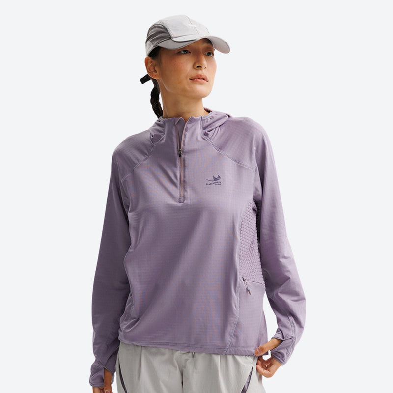 Eco-friendly quick-dry lightweight mid-layer pullover - lavender quick-dry lightweight half-zip mid-layer on women with cap