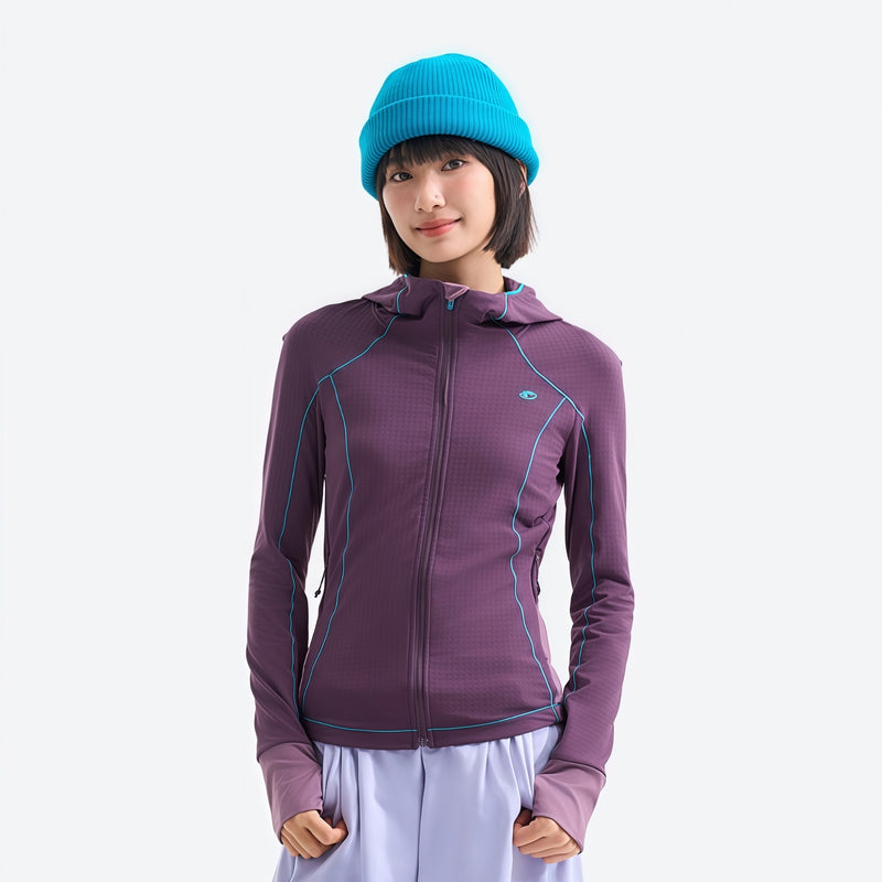 Women's 7A antibacterial hooded sun jacket - purple slim fit sun jacket on women with blue beanie, for travel and city walks