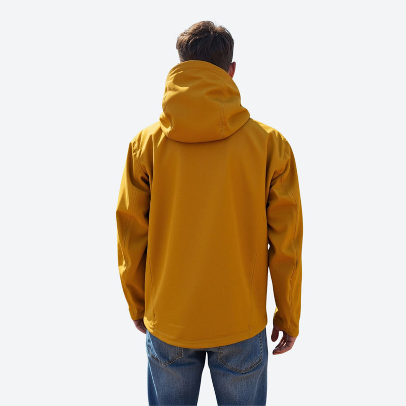 Men's breathable softshell rain jacket with hood - mustard softshell jacket, on-model back view, for hiking and trail walking