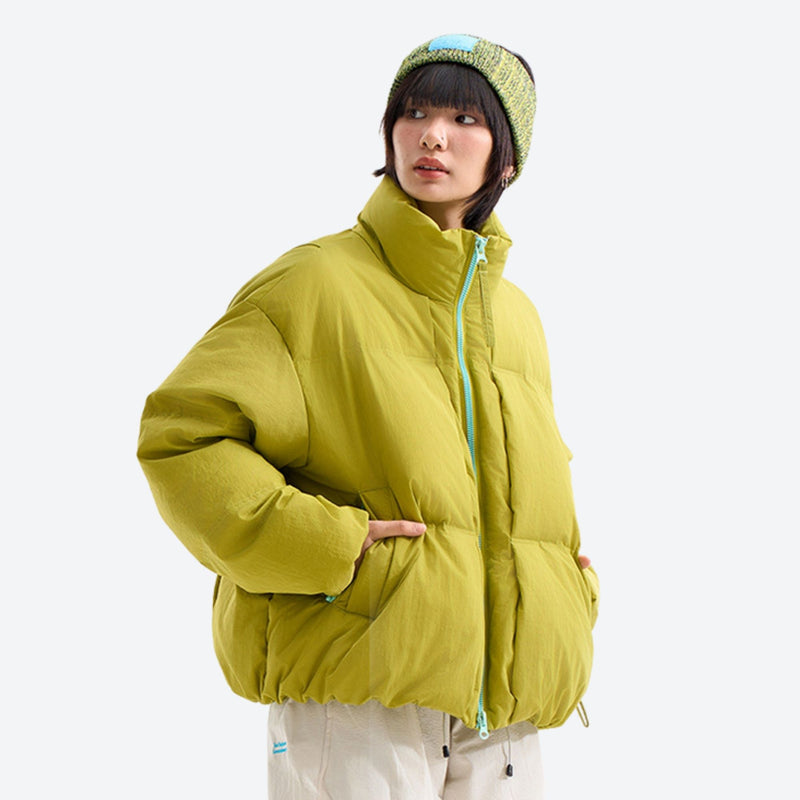 Boxy insulated down jacket with stand collar - lime windproof stand-collar down jacket on women with beanie