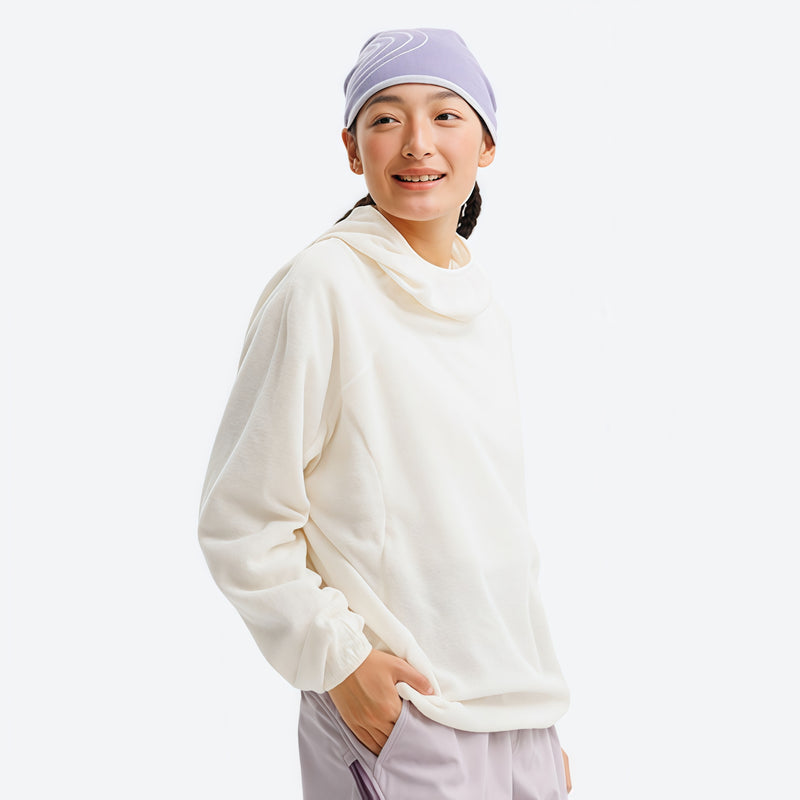 Wrinkle-resistant hooded mid-layer with thumb cuffs - cream hooded mid-layer pullover on women with beanie