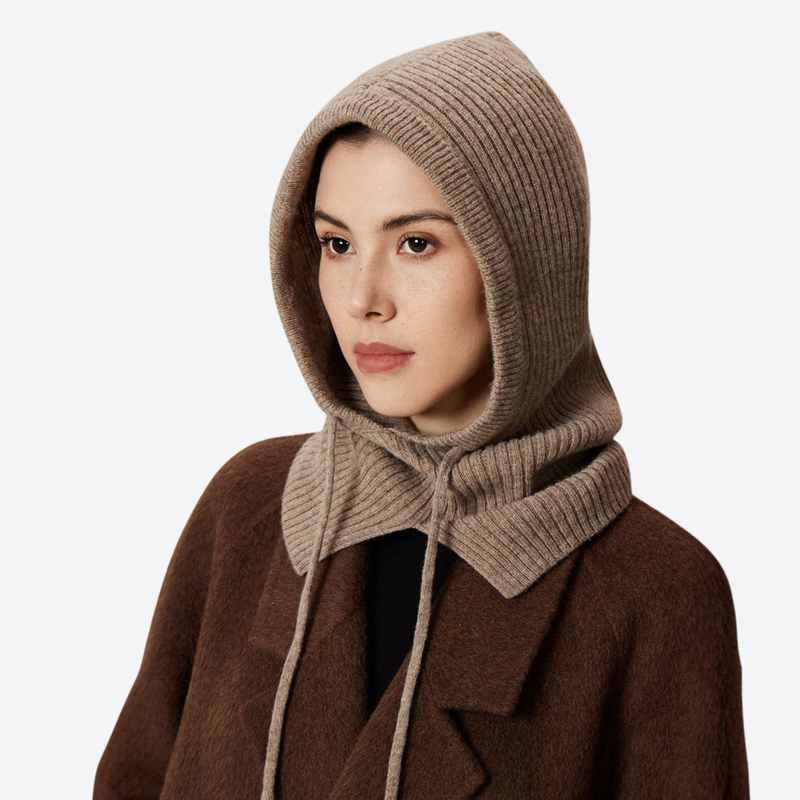 Fine 18.5 micron merino wool hooded neck warmer - camel knitted merino wool balaclava, for skiing and snowboarding