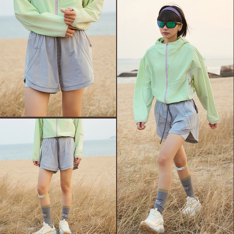 Women's quick-dry shorts with built-in yoga liner - light blue quick-dry shorts with mint jacket
