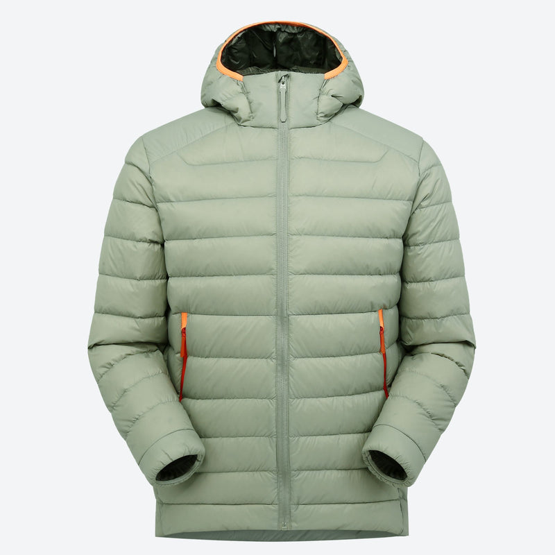 Lightweight down jacket and vest collection - sage green hooded down jacket on men, for hiking and trail walking
