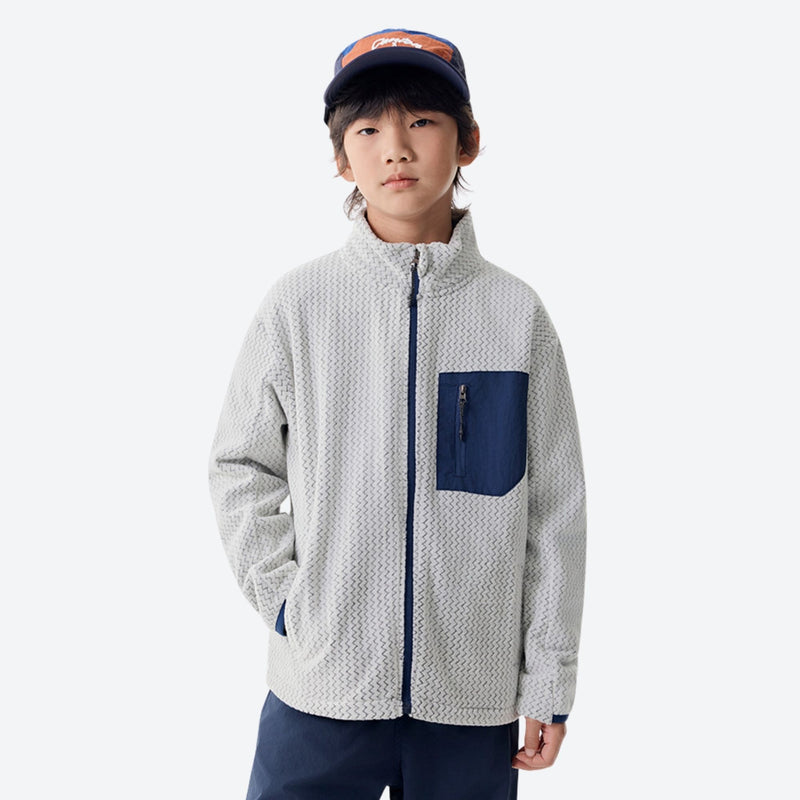 Kids' wrinkle-resistant heat-lock fleece jacket - light gray wavy fleece kids mid-layer jacket with navy pocket and cap