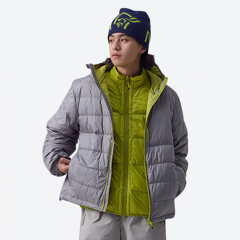 Insulated duck down jacket with contrast lining - light gray waterproof duck down hooded jacket with lime lining on men with 