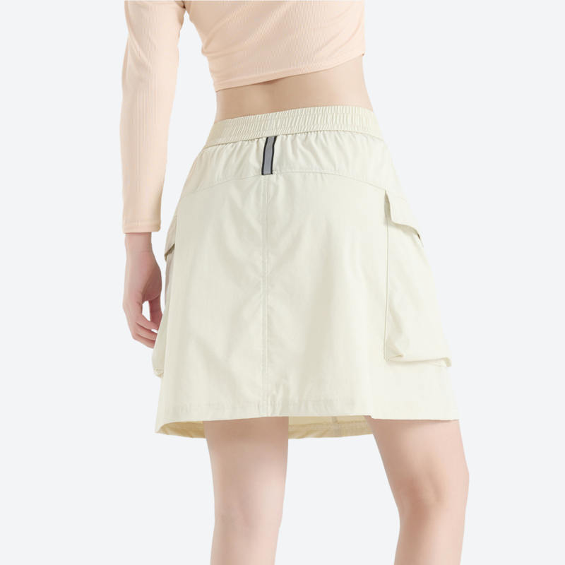 Women's quick-dry hiking skirt with inner shorts - cream cargo skort with built-in shorts, for hiking and trail walking