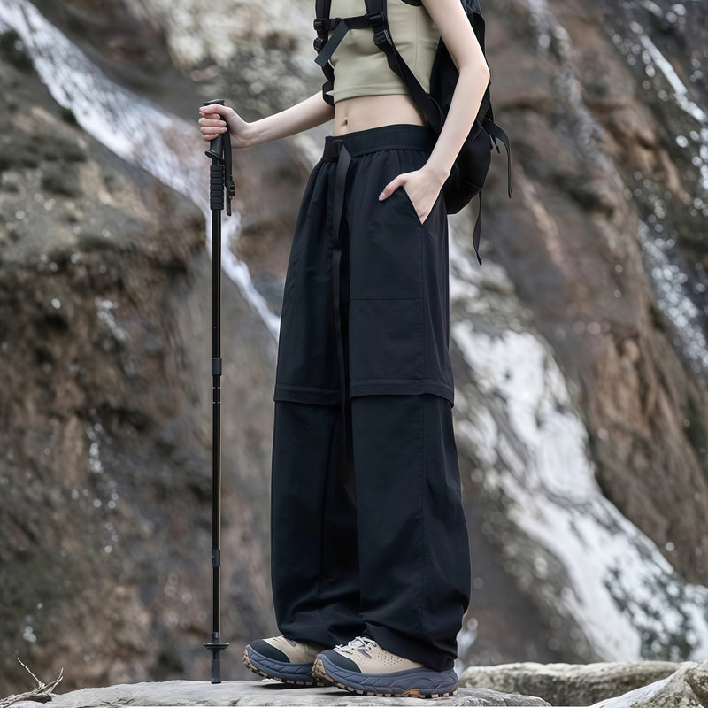 Women's quick-dry trail pants converting to shorts - black zip-off hiking pants with olive top, for hiking and trail walking