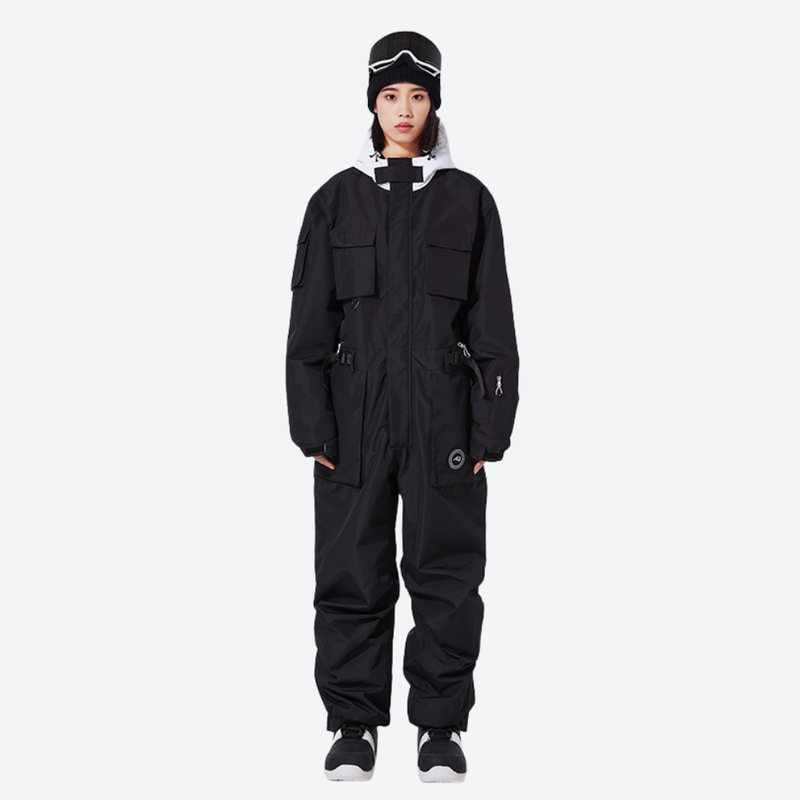 Unisex 2-layer snowboard one-piece suit - black one-piece suit, on-model full-body front view, for cold-weather winter sports