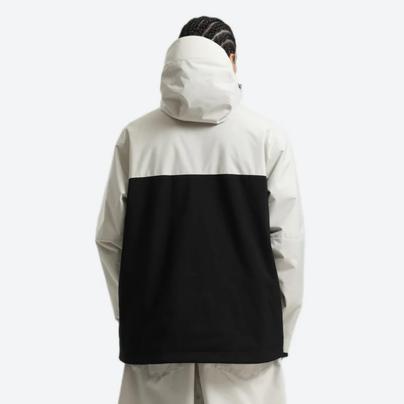 Men's waterproof 2L pullover snow jacket and pants - cream and black colorblock, for powder days and winter commute