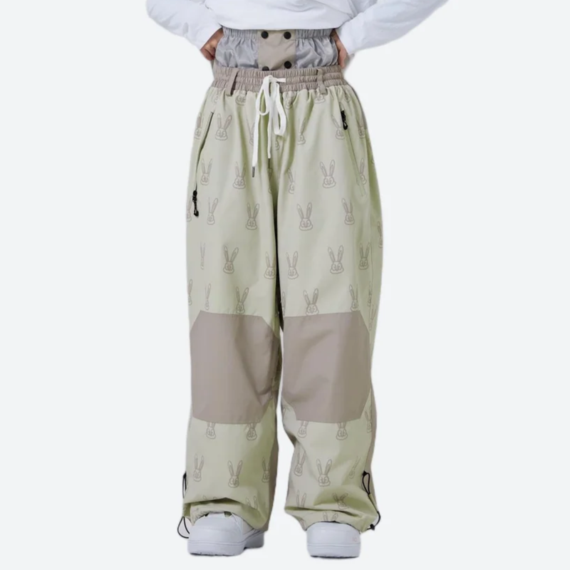 Women's 2-layer snowboard jacket and pants - sage green rabbit print snow pants, for resort and street wear