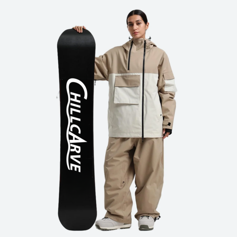 Women's colorblock ski pullover set - tan and cream colorblock jacket with tan pants, for resort and street wear