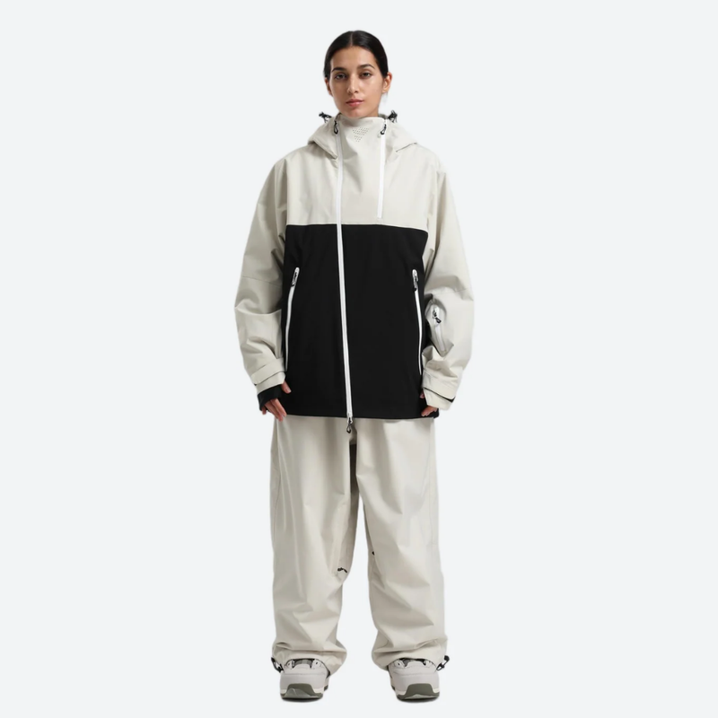 Women's breathable 2-layer snowboard jacket and pants - cream and black colorblock jacket with cream pants