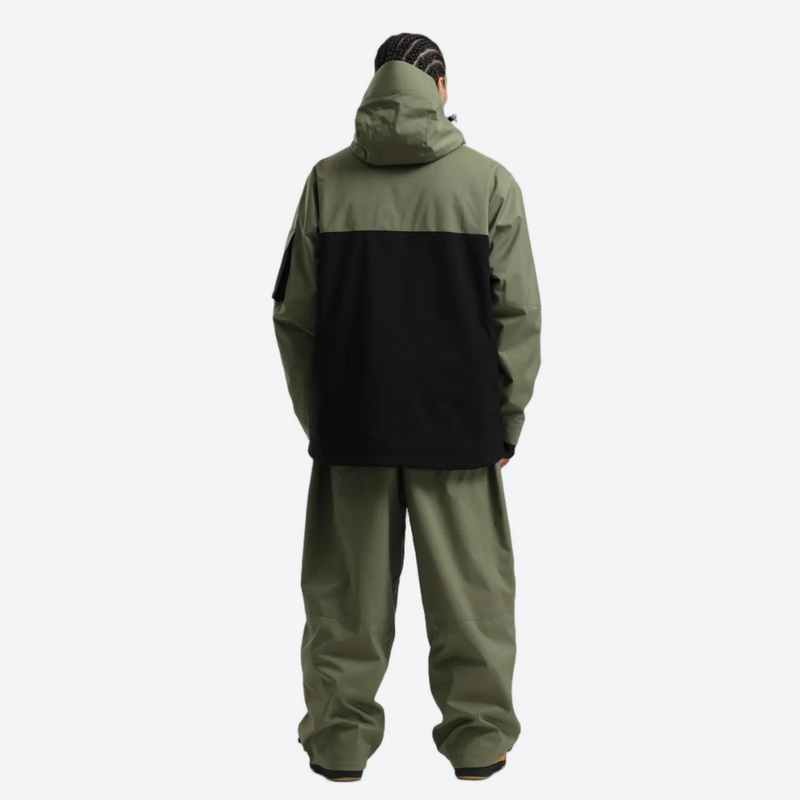 Men's breathable 2-layer snowboard jacket and pants - olive green and black colorblock jacket with olive pants
