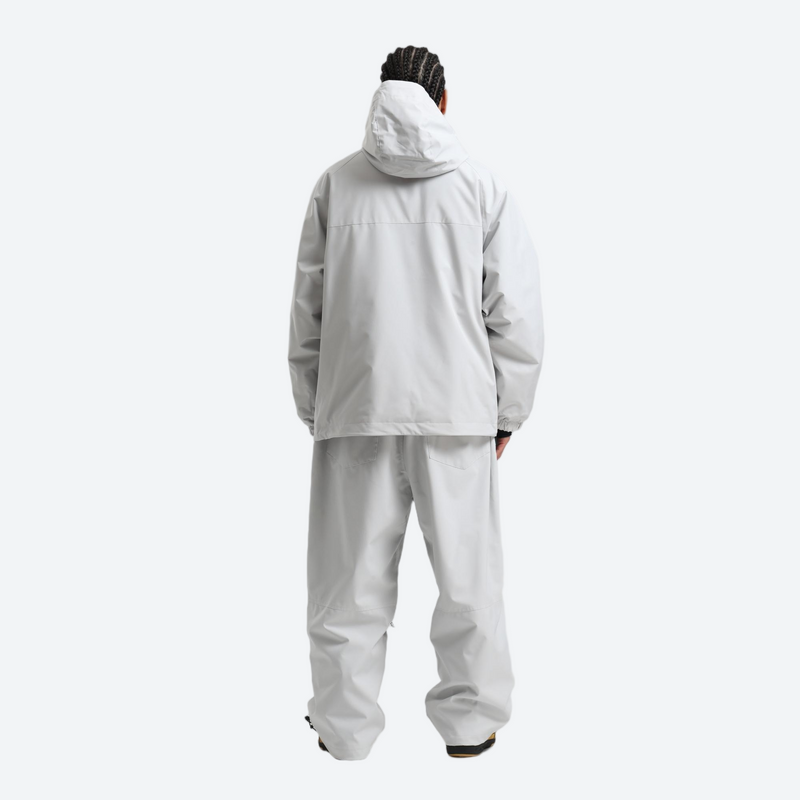Men's waterproof 2L anorak snow jacket and pants - light gray jacket with light gray pants, on-model back hood view