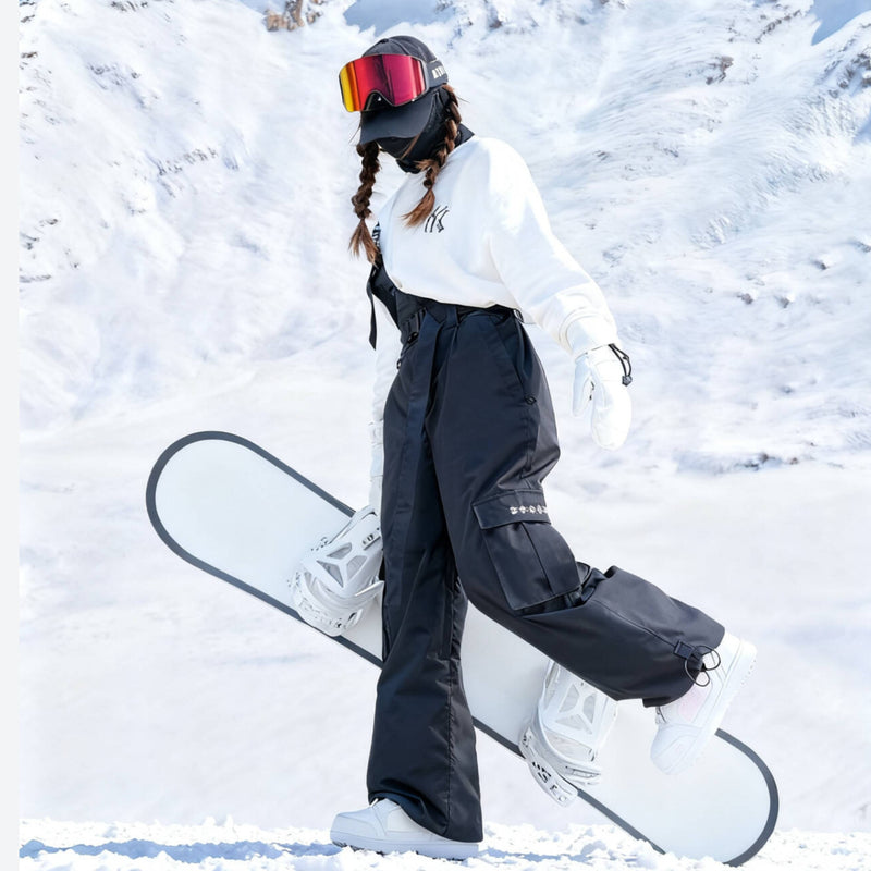Breathable 3-layer suspender ski pants with cargo pockets - black bib snow pants, for skiing and snowboarding