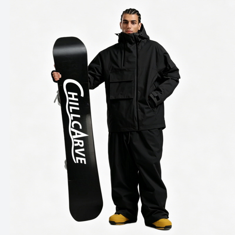 Men's colorblock ski pullover set - black jacket with black pants, for powder days and winter commute