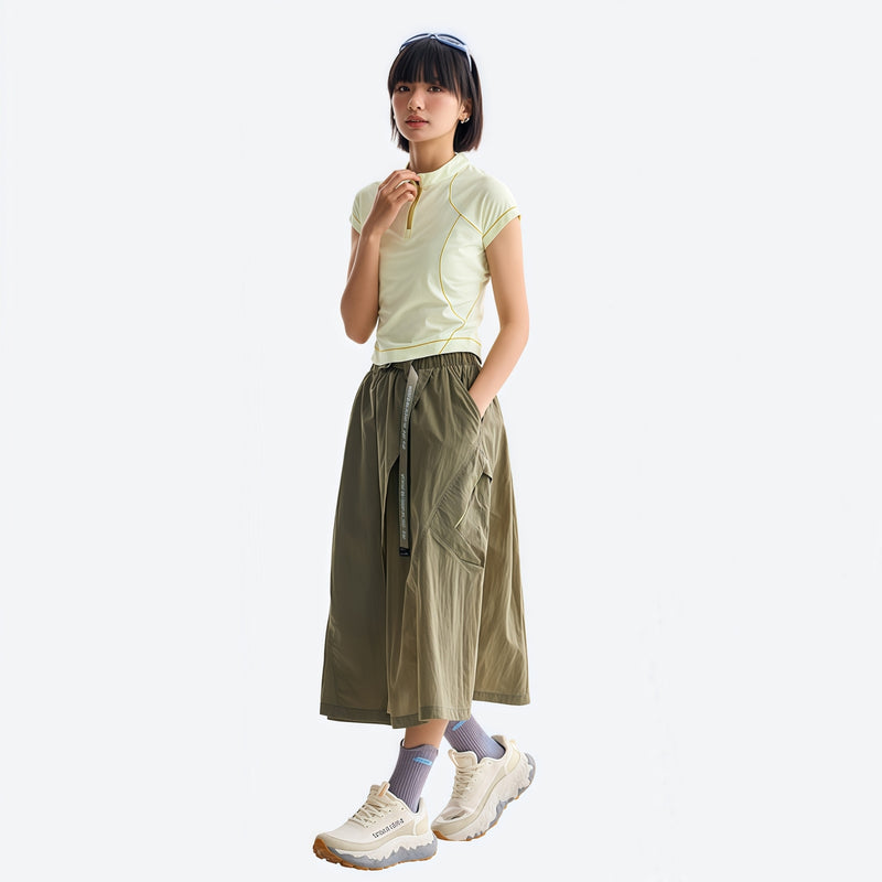 Women's stretchy fitted tee for outdoor - lime cream half-zip short sleeve tee on women with headband 38