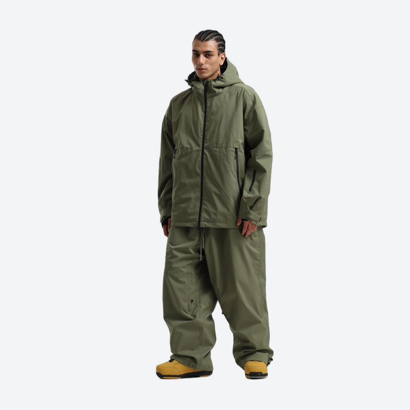 Men's 2-layer snowboard jacket and pants set - olive green jacket with olive pants, for cold-weather winter sports