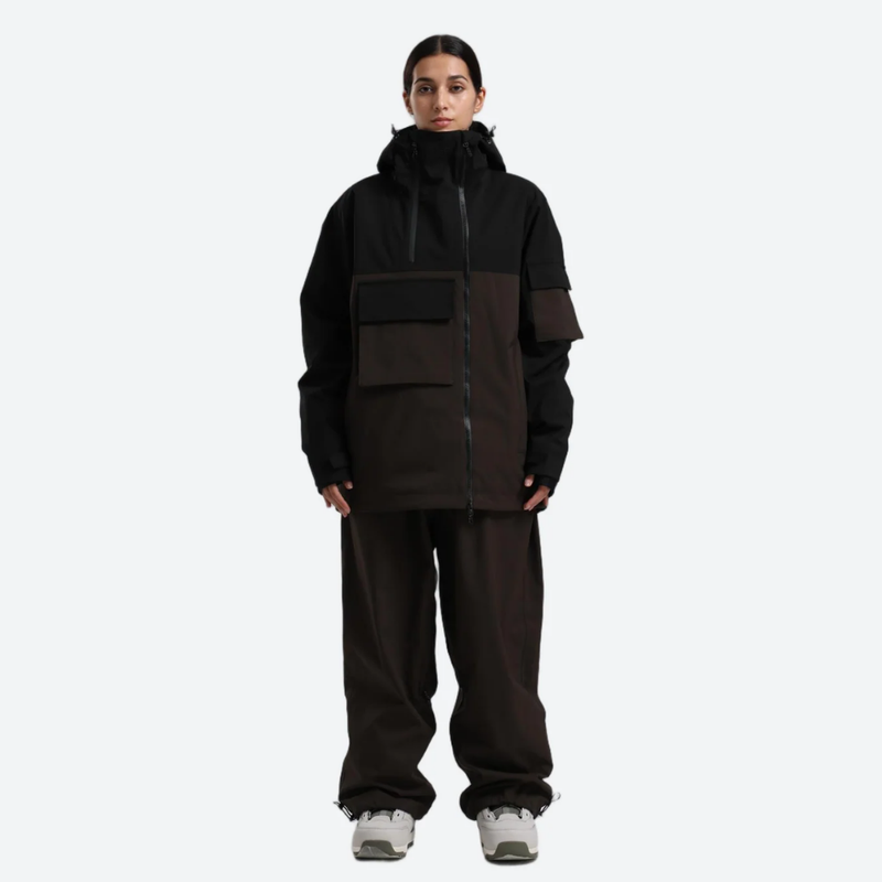 Women's colorblock ski pullover set - black and coffee brown colorblock jacket with coffee pants