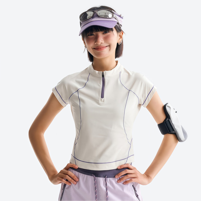 Women's wrinkle-resistant half-zip top - cream white half-zip short sleeve tee on women with cap, for cycling and commuting