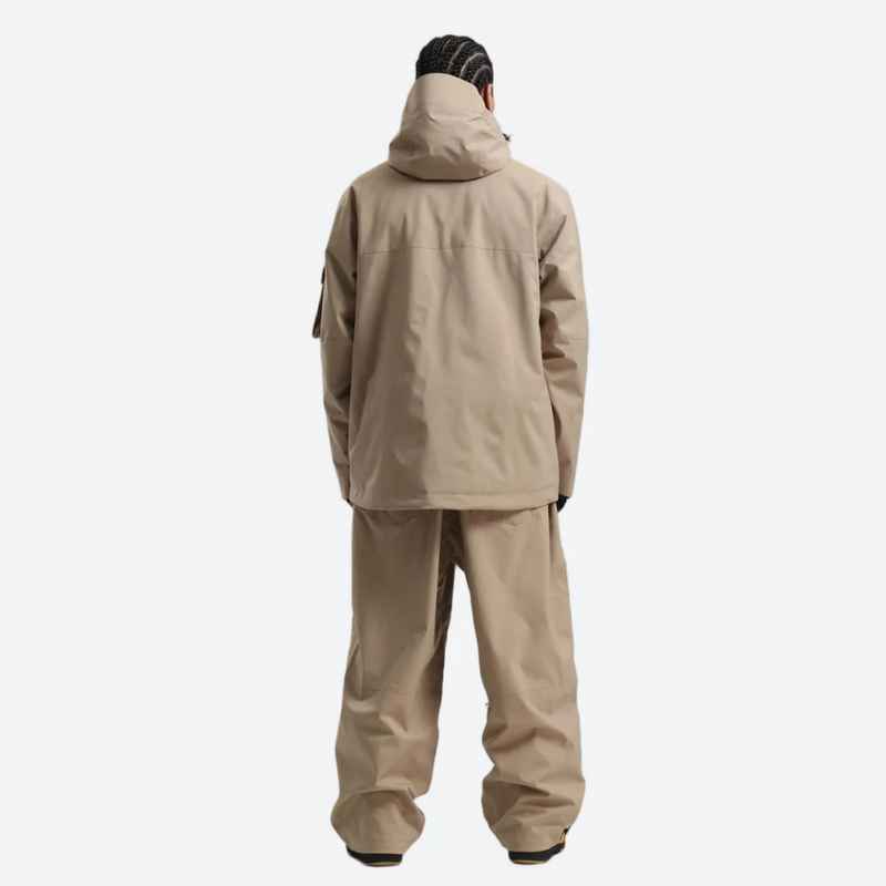 Men's colorblock ski pullover set - tan jacket with tan pants, on-model back hood view, for resort and street wear