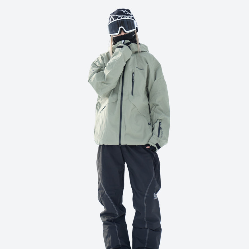 Colorblock snowboard jacket and pants set - sage green jacket with black pants, for resort and backcountry days