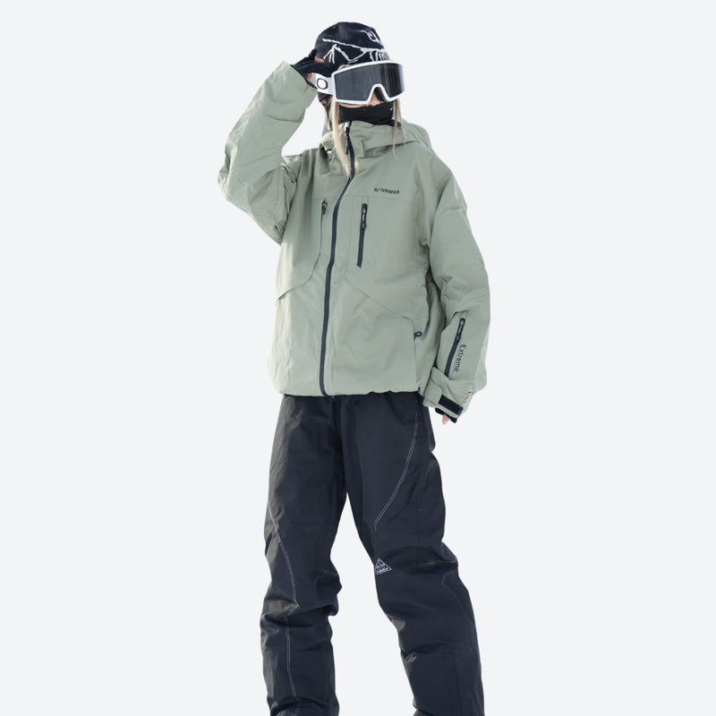 Breathable ski jacket and snow pants combo - sage green jacket with black pants, for skiing and snowboarding