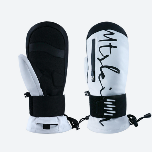 Removable wrist guard ski mittens with letter print - white and black letter print kevlar snow mittens, pair front view